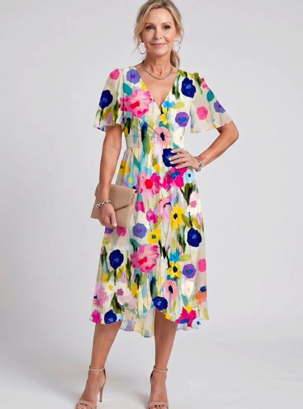 Women's Everyday Floral Flutter Sleeve V-Neck Chiffon Midi Dress