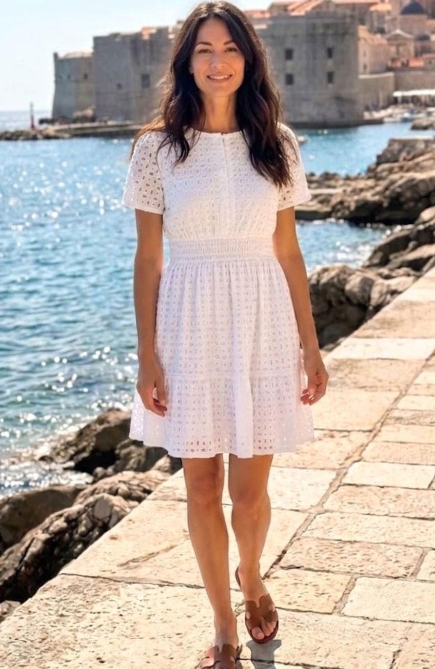 Women's Eyelet Cotton Smocked-Waist Tiered Mini Dress