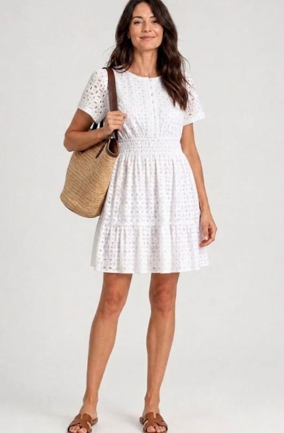 Women's Eyelet Cotton Smocked-Waist Tiered Mini Dress