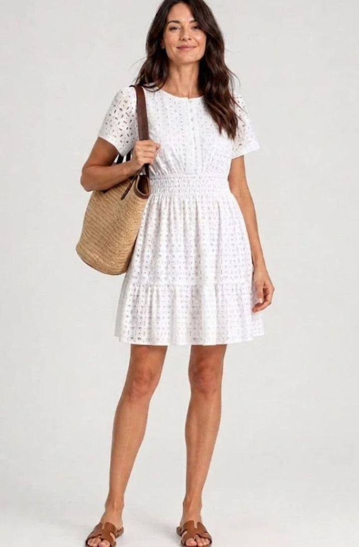 Women's Eyelet Cotton Smocked-Waist Tiered Mini Dress