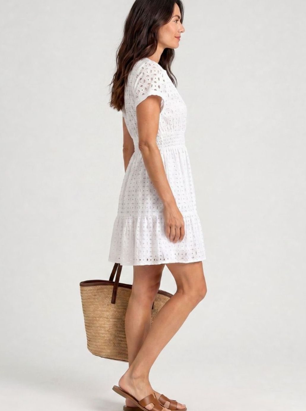 Women's Eyelet Cotton Smocked-Waist Tiered Mini Dress