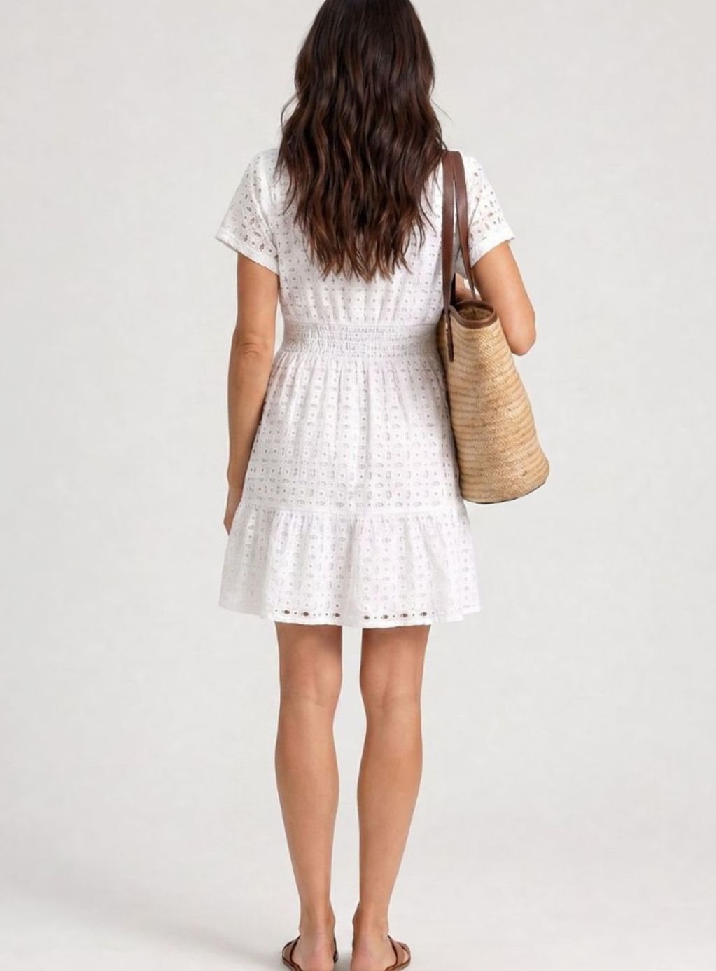 Women's Eyelet Cotton Smocked-Waist Tiered Mini Dress