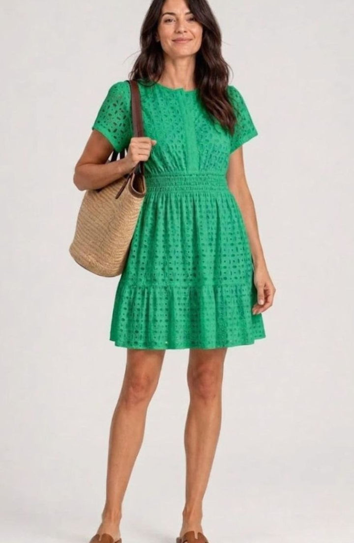 Women's Eyelet Cotton Smocked-Waist Tiered Mini Dress