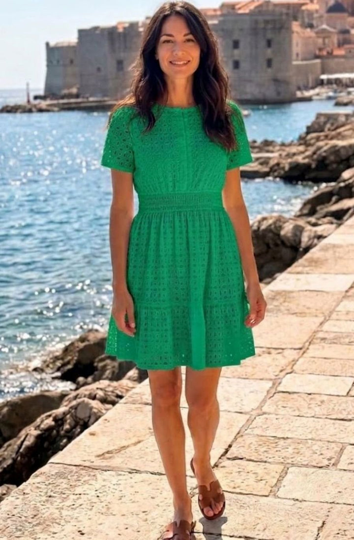 Women's Eyelet Cotton Smocked-Waist Tiered Mini Dress