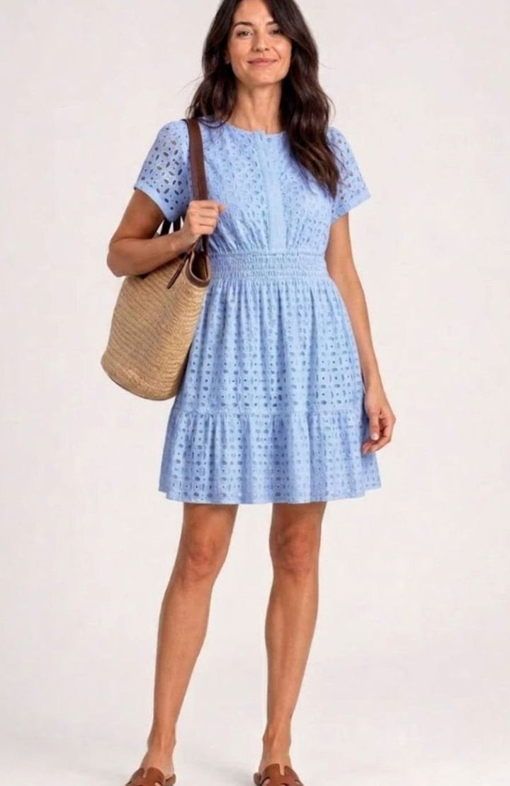 Women's Eyelet Cotton Smocked-Waist Tiered Mini Dress