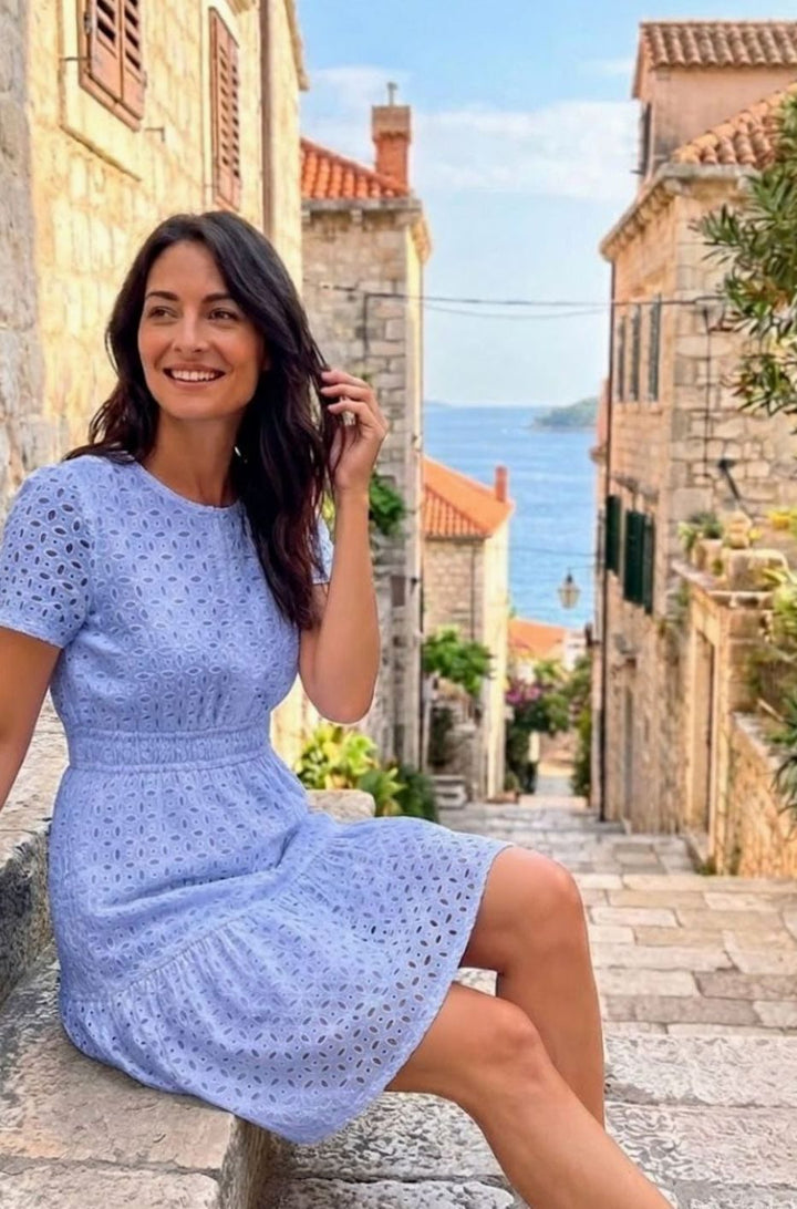Women's Eyelet Cotton Smocked-Waist Tiered Mini Dress