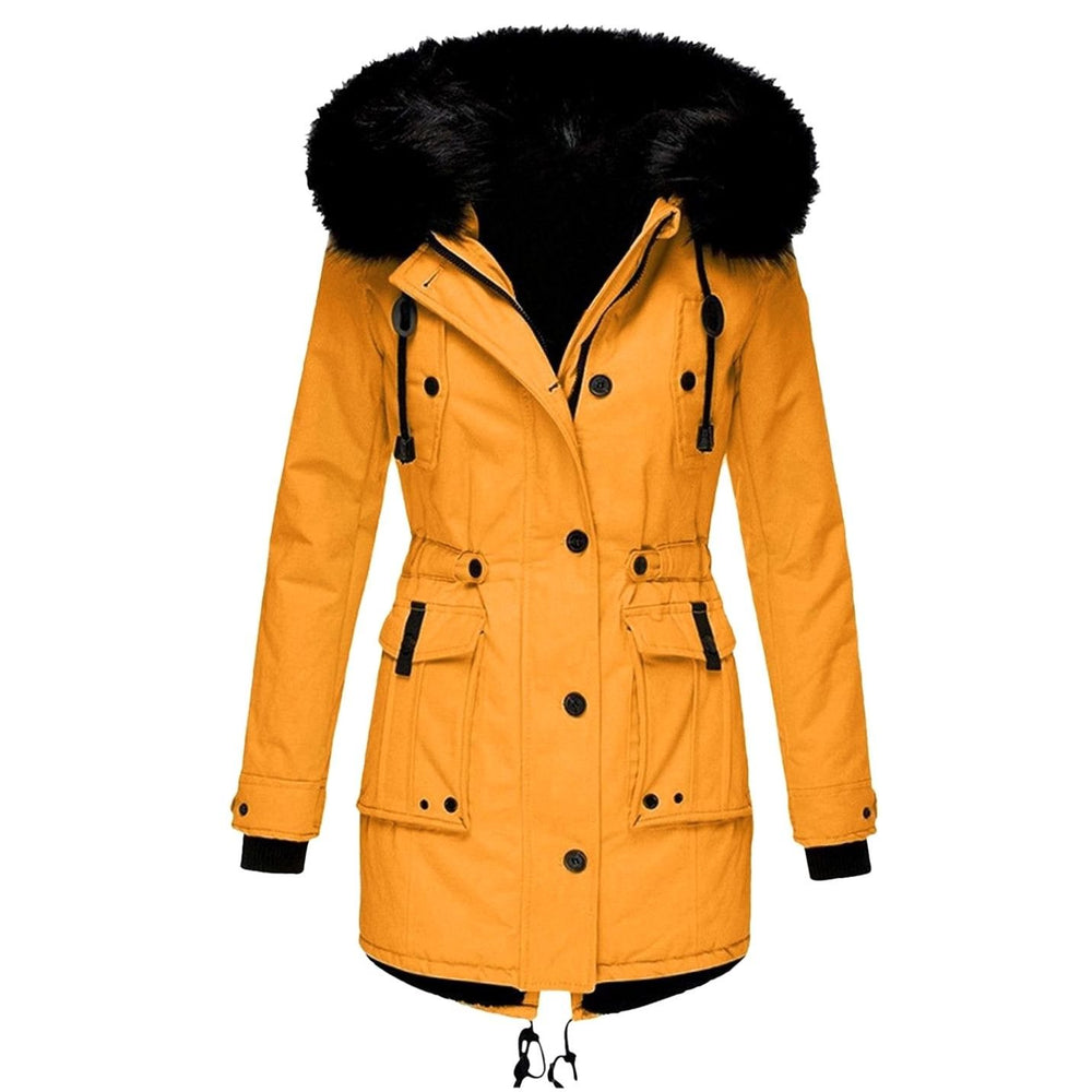 Women's Faux Fur Hood Belted Cotton Winter Parka Coat - Gold