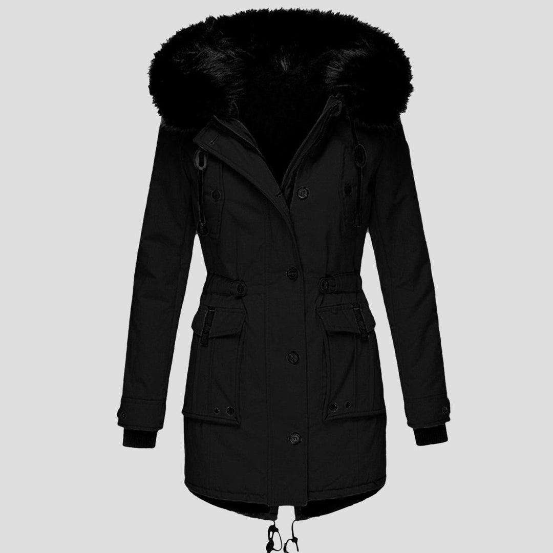 Women's Faux Fur Hood Belted Cotton Winter Parka Coat - Black
