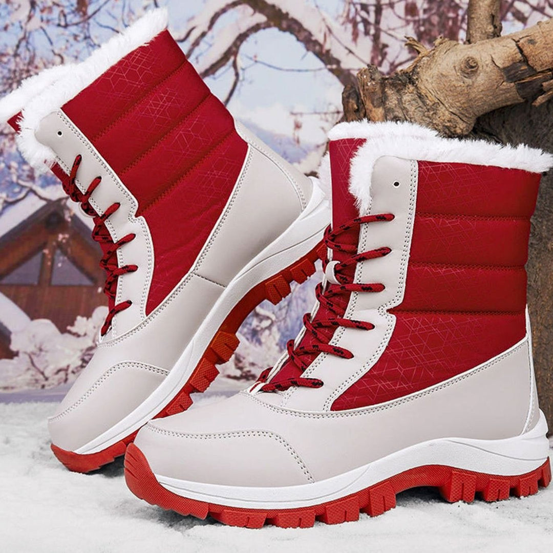 Women's Faux-Fur Lined Waterproof Lace-Up Winter Snow Boots - Red
