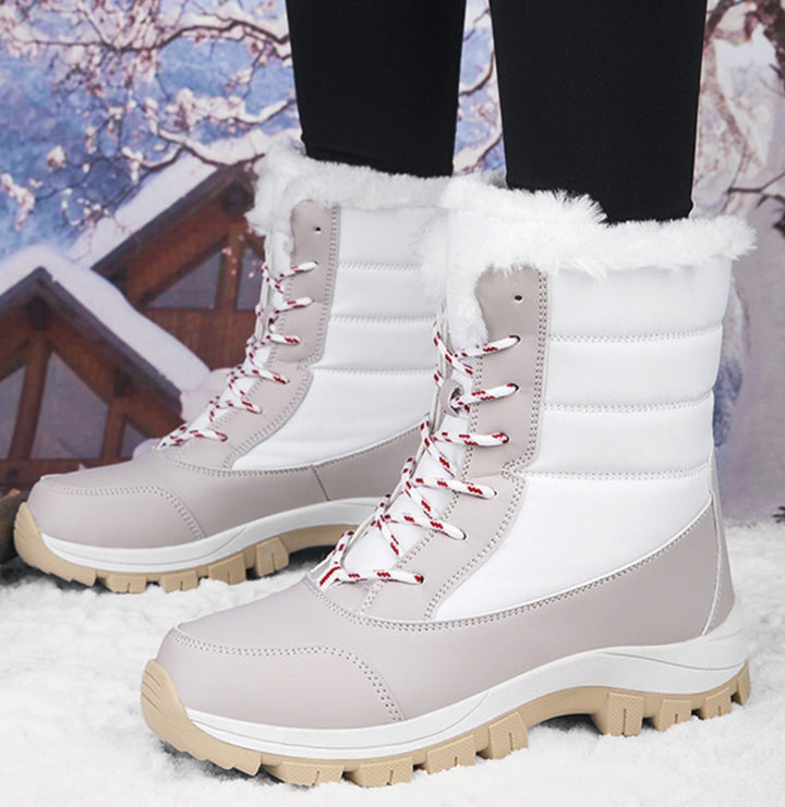 Women's Faux-Fur Lined Waterproof Lace-Up Winter Snow Boots - Beige