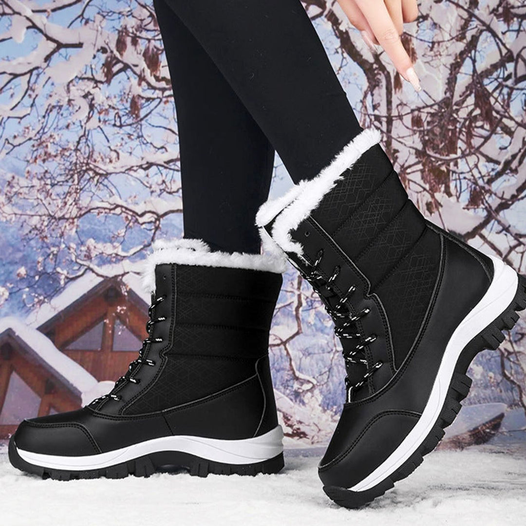 Women's Faux-Fur Lined Waterproof Lace-Up Winter Snow Boots - Black