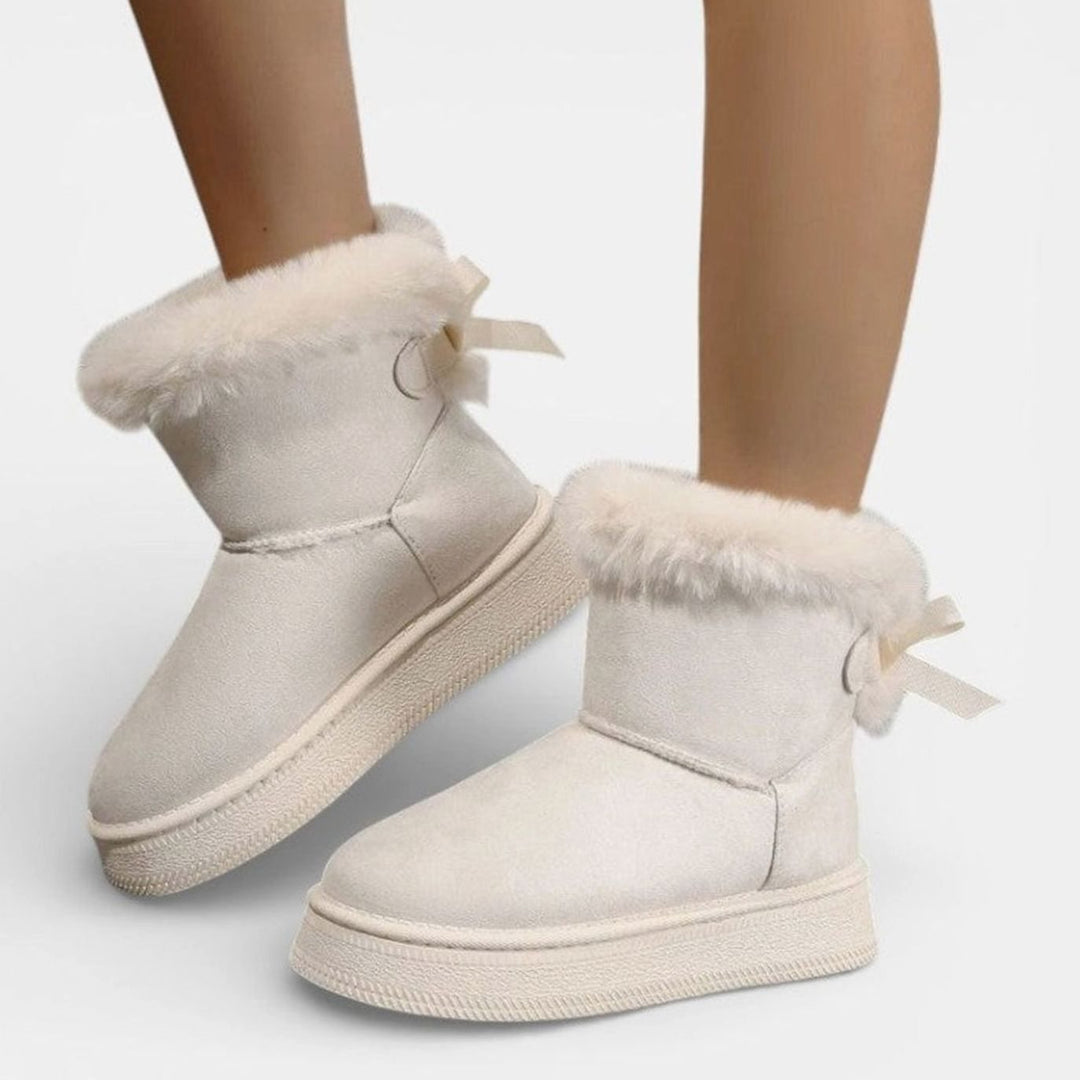 Women's Faux Fur Trim Flat Slip-On Ankle Boots Bow Detail