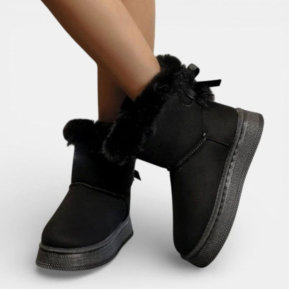 Women's Faux Fur Trim Flat Slip-On Ankle Boots Bow Detail