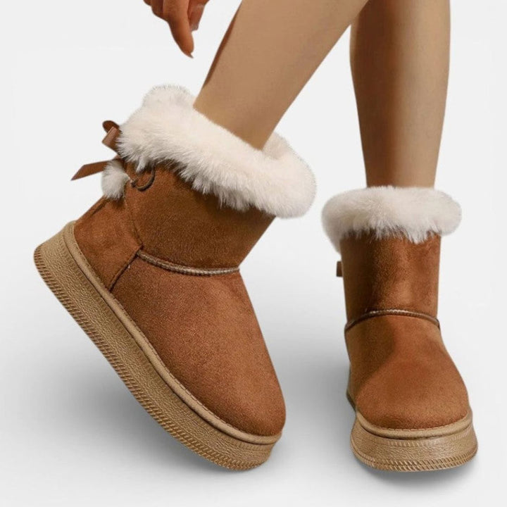 Women's Faux Fur Trim Flat Slip-On Ankle Boots Bow Detail