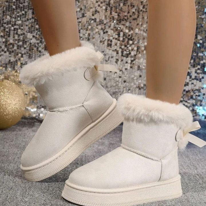 Women's Faux Fur Trim Flat Slip-On Ankle Boots Bow Detail