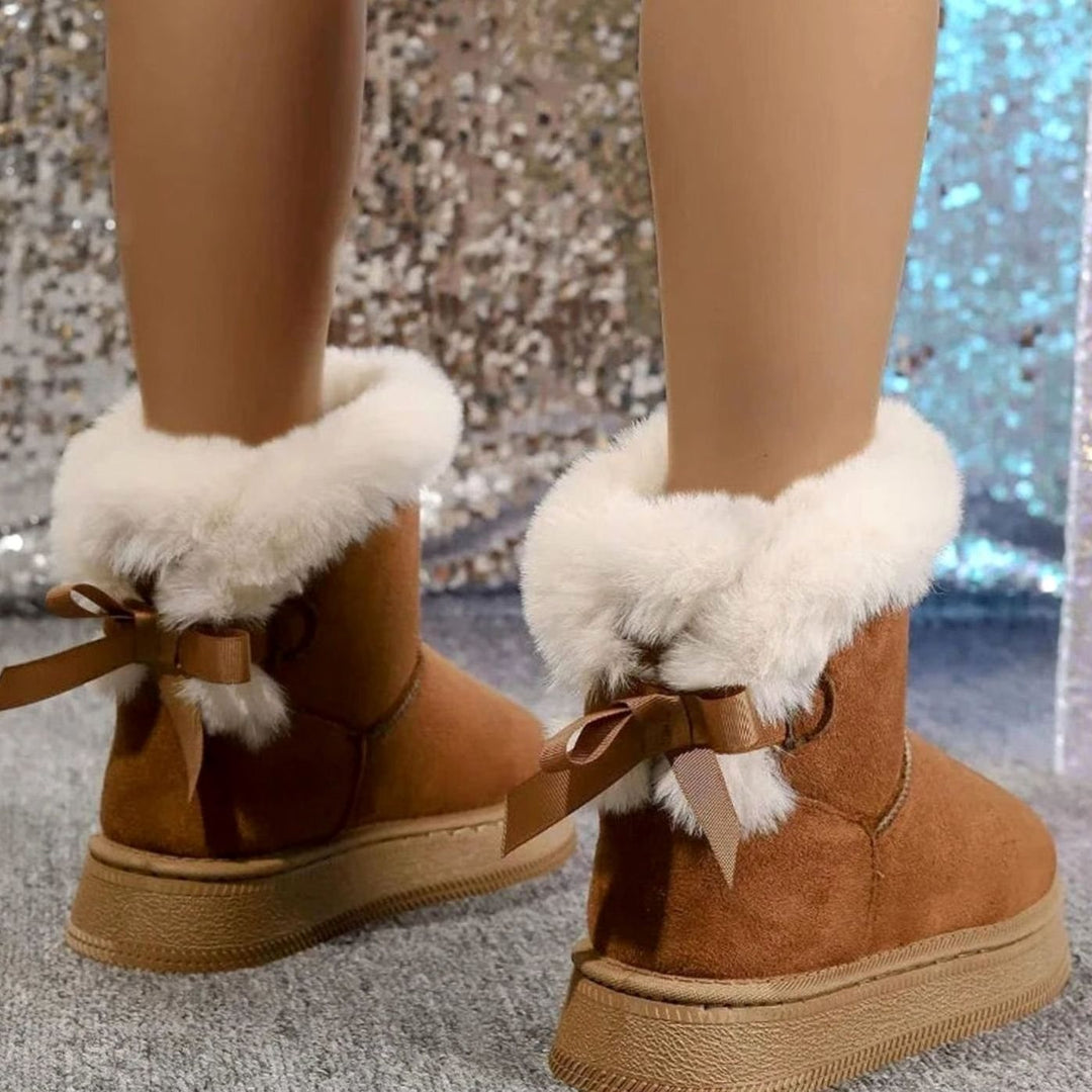 Women's Faux Fur Trim Flat Slip-On Ankle Boots Bow Detail