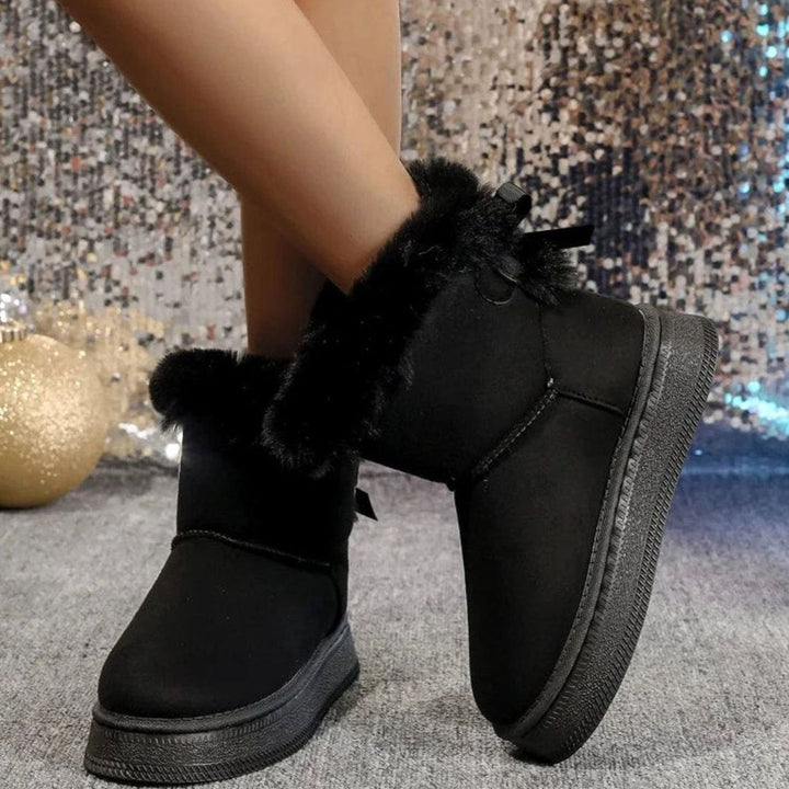 Women's Faux Fur Trim Flat Slip-On Ankle Boots Bow Detail