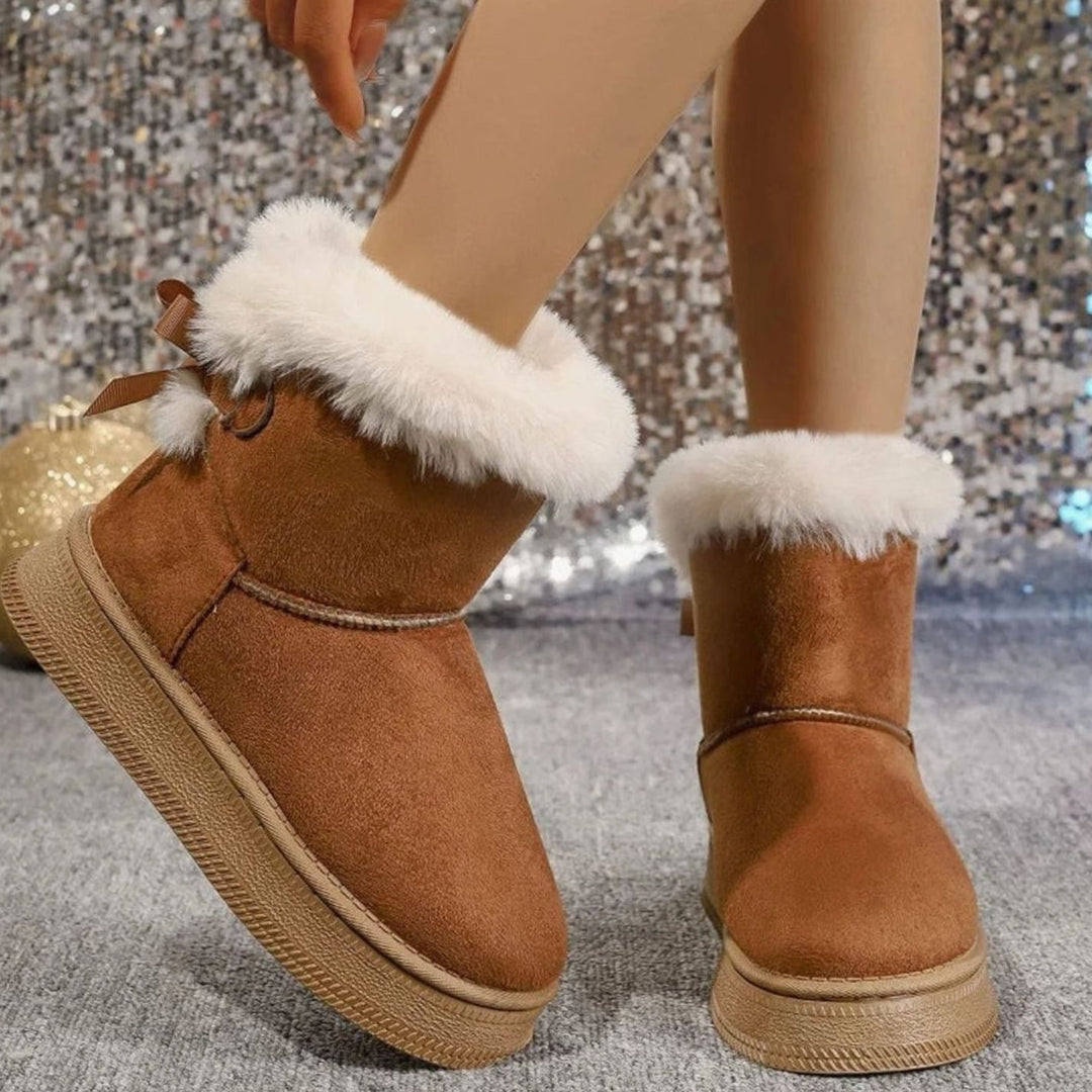 Women's Faux Fur Trim Flat Slip-On Ankle Boots Bow Detail