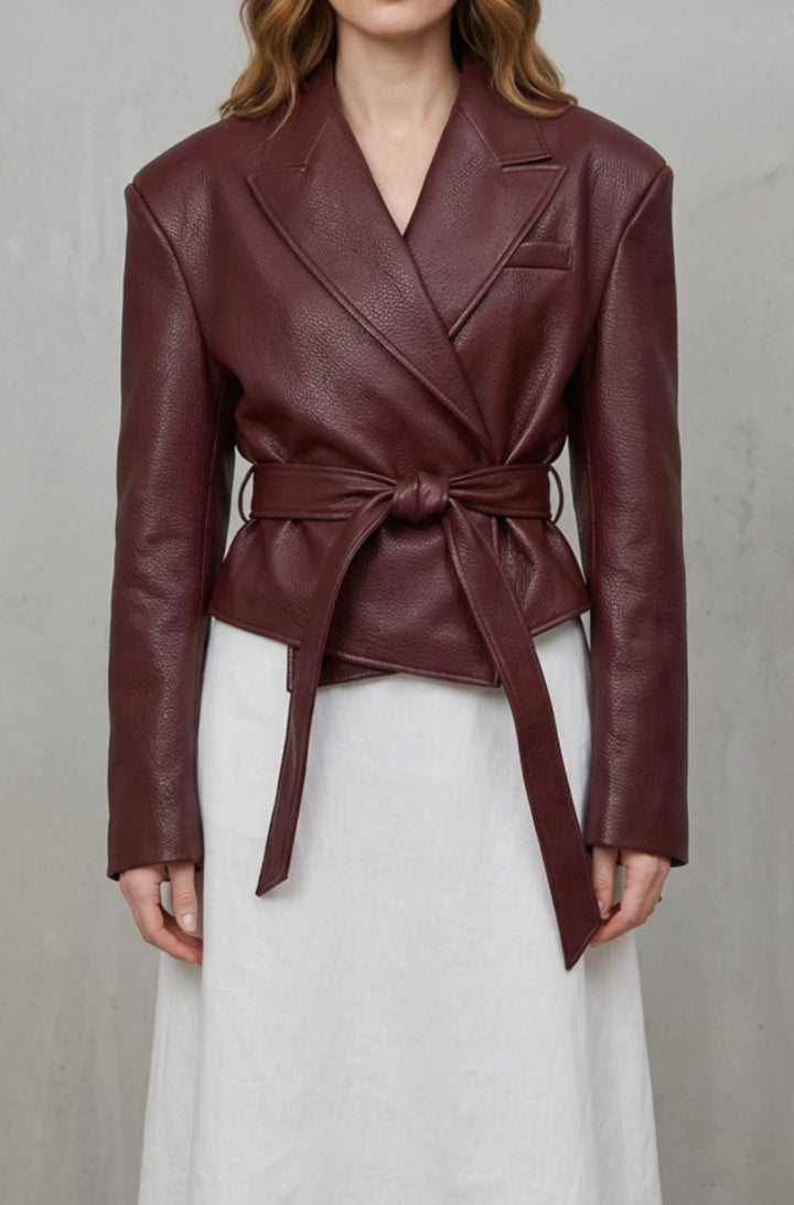 Women's Faux Leather Belted Wrap Blazer Jacket - Reddish Brown