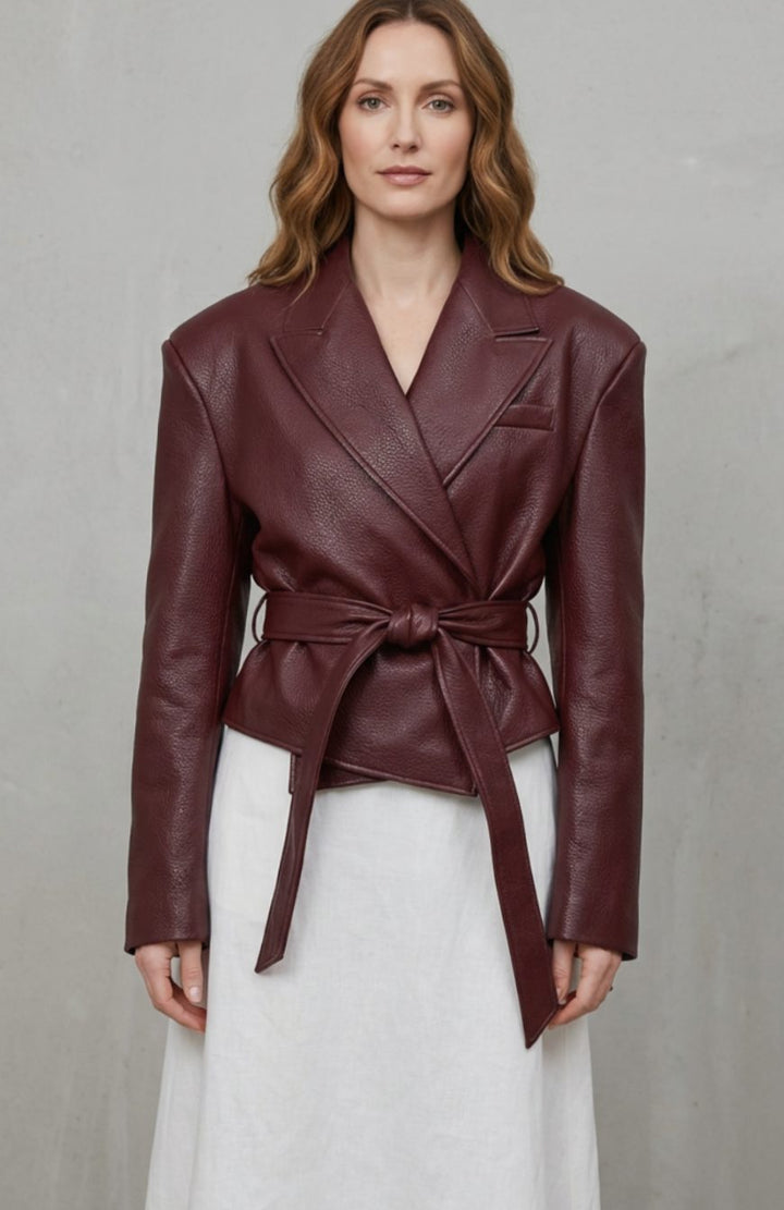 Women's Faux Leather Belted Wrap Blazer Jacket