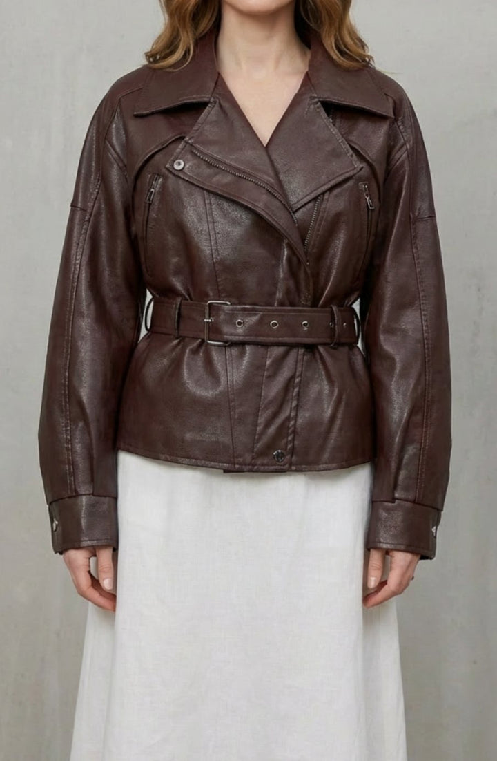 Women's Faux Leather Belted Wrap Blazer Jacket - Brown