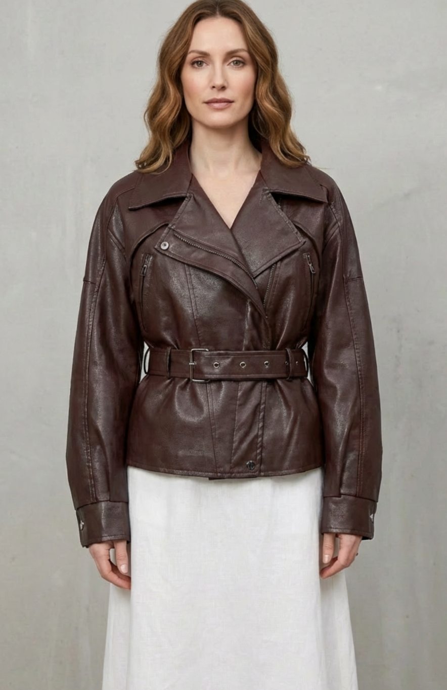 Women's Faux Leather Belted Wrap Blazer Jacket
