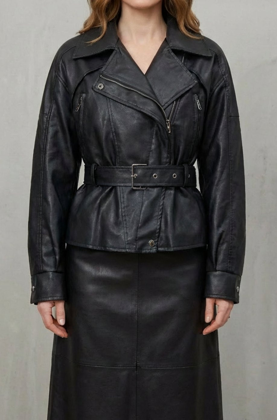 Women's Faux Leather Belted Wrap Blazer Jacket - Black