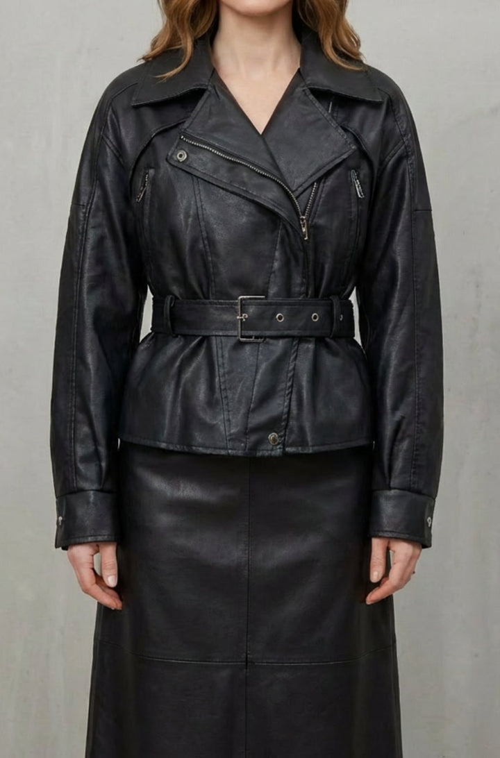 Women's Faux Leather Belted Wrap Blazer Jacket - Black