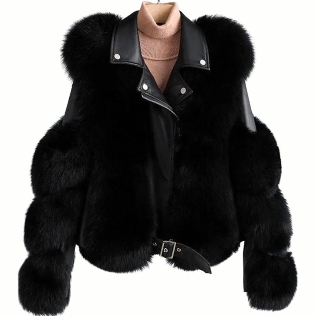 Women's Faux Leather Fur Jacket Belted Cropped Winter Coat - Black