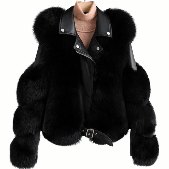 Women's Faux Leather Fur Jacket Belted Cropped Winter Coat - Black