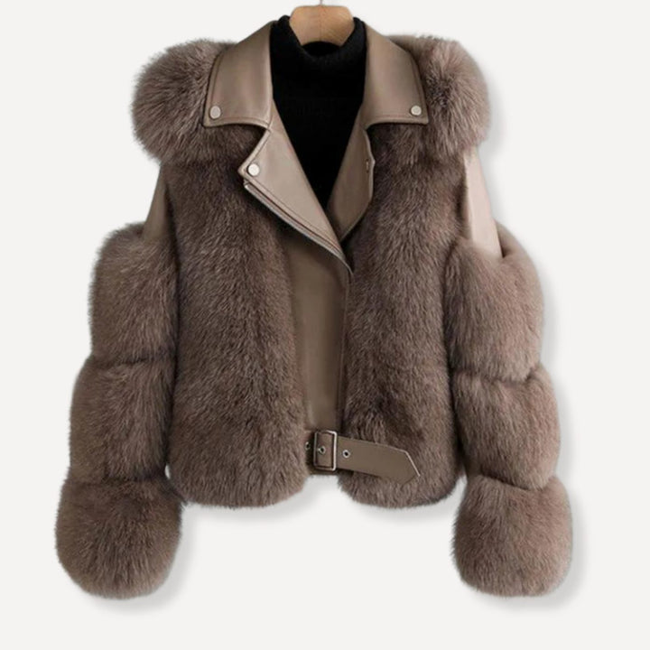 Women's Faux Leather Fur Jacket Belted Cropped Winter Coat - Camel