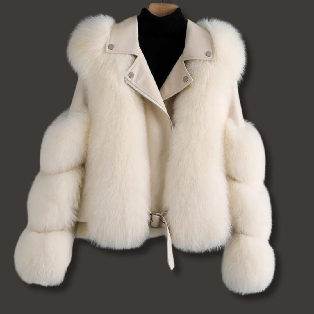 Women's Faux Leather Fur Jacket Belted Cropped Winter Coat - Beige