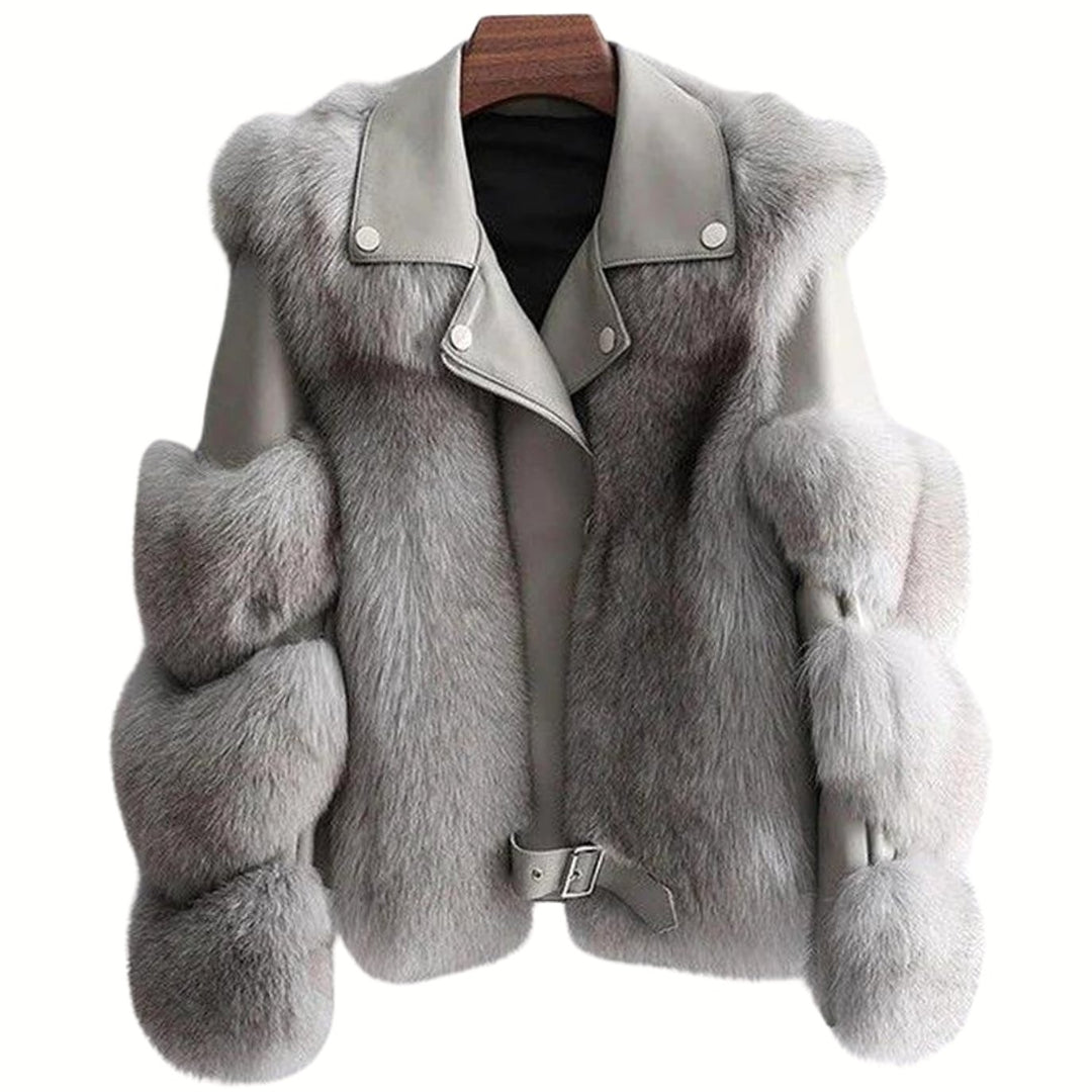 Women's Faux Leather Fur Jacket Belted Cropped Winter Coat - Grey