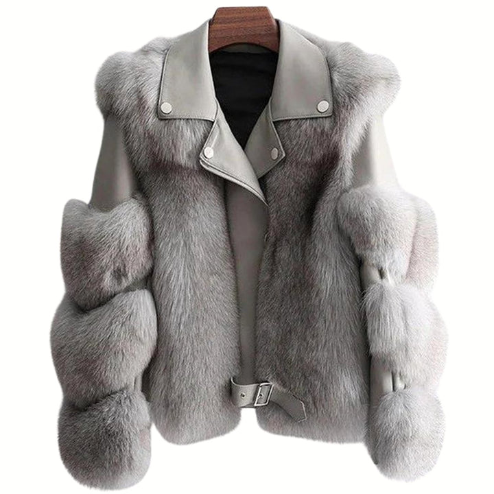 Women's Faux Leather Fur Jacket Belted Cropped Winter Coat - Grey