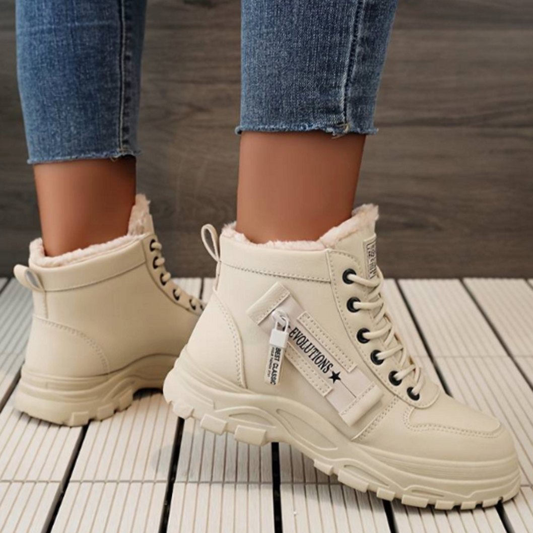 Women's Faux Leather Lace-Up Fleece-Lined Winter Snow Boots - Khaki