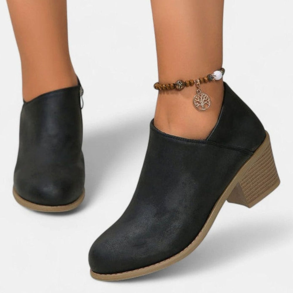 Women's Faux Leather Round-Toe Block-Heel Side-Zip Ankle Boots