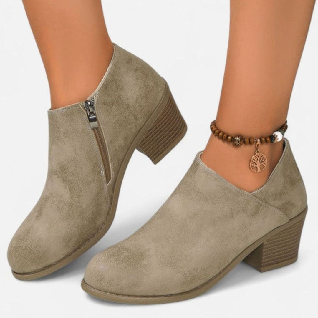 Women's Faux Leather Round-Toe Block-Heel Side-Zip Ankle Boots