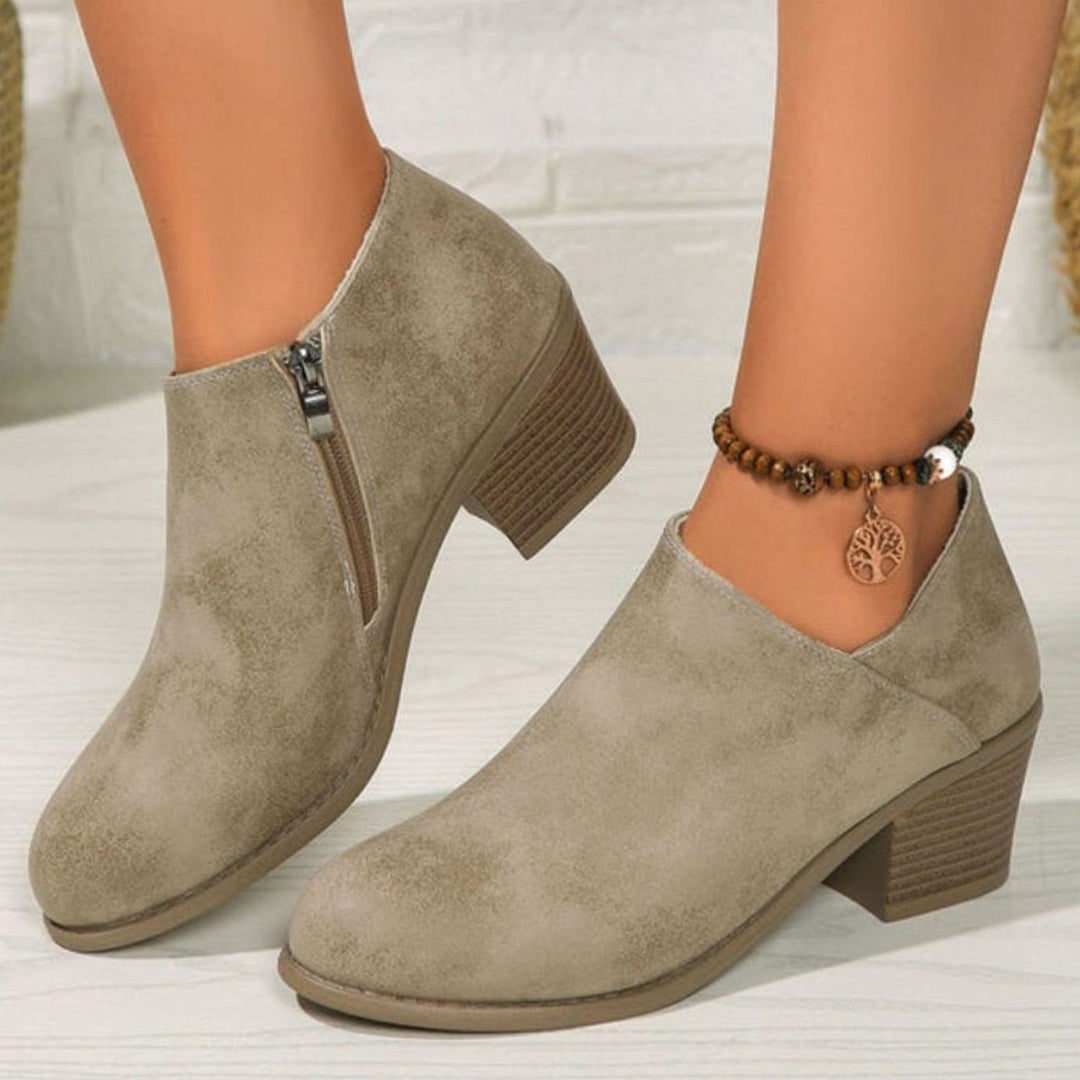 Women's Faux Leather Round-Toe Block-Heel Side-Zip Ankle Boots