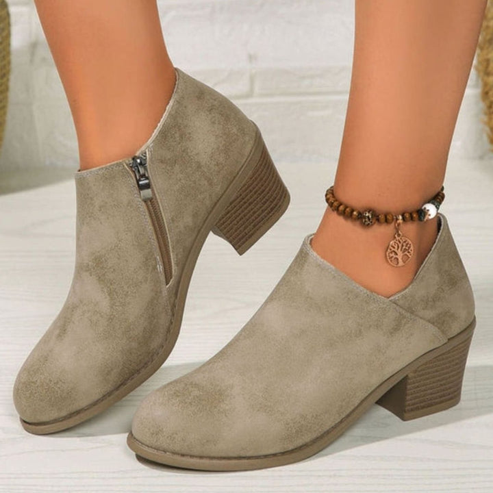 Women's Faux Leather Round-Toe Block-Heel Side-Zip Ankle Boots