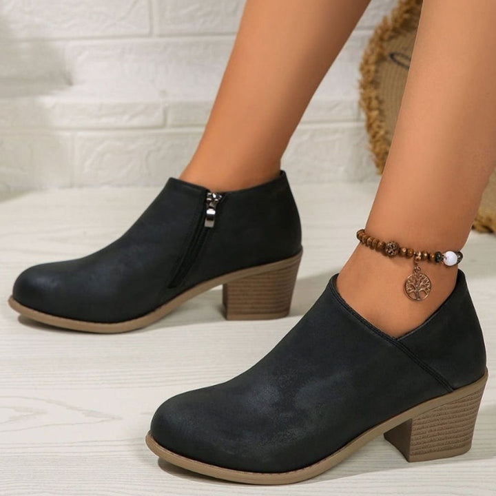 Women's Faux Leather Round-Toe Block-Heel Side-Zip Ankle Boots