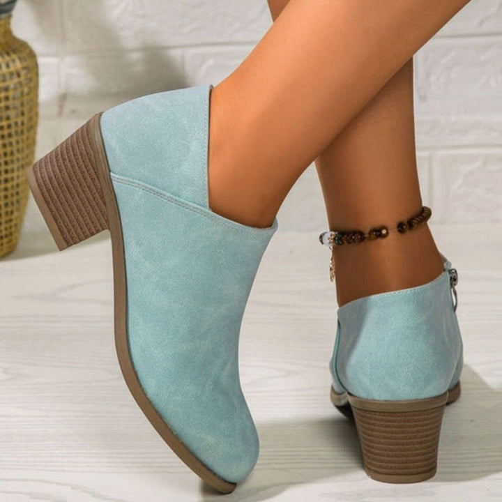 Women's Faux Leather Round-Toe Block-Heel Side-Zip Ankle Boots