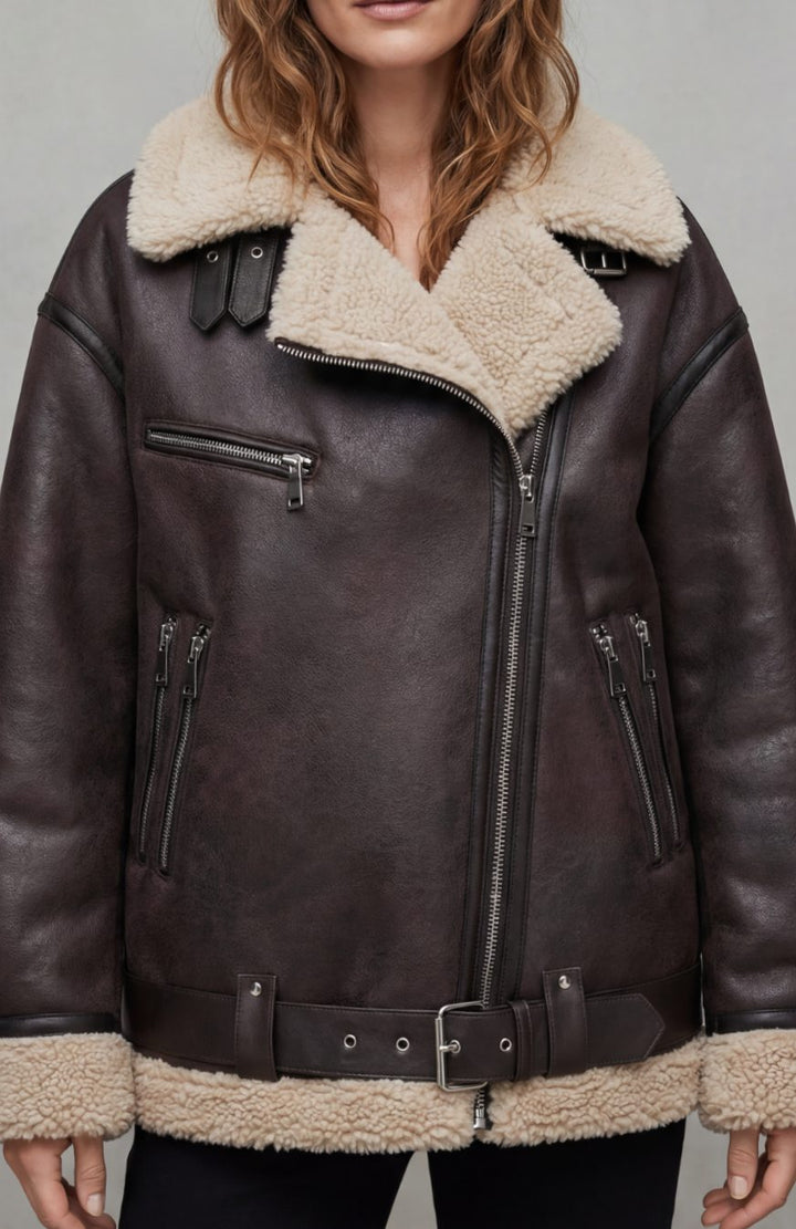 Women's Faux Leather Shearling Aviator Jacket Belted Coat - Brown