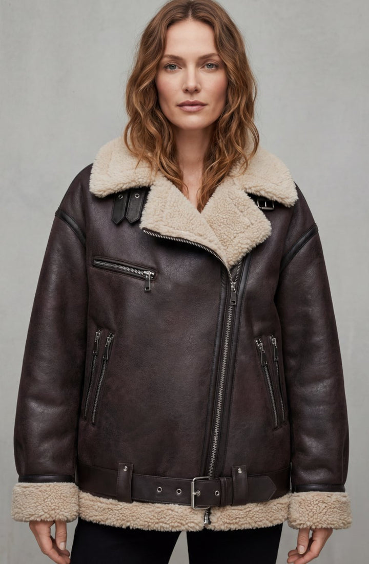 Women's Faux Leather Shearling Aviator Jacket Belted Coat