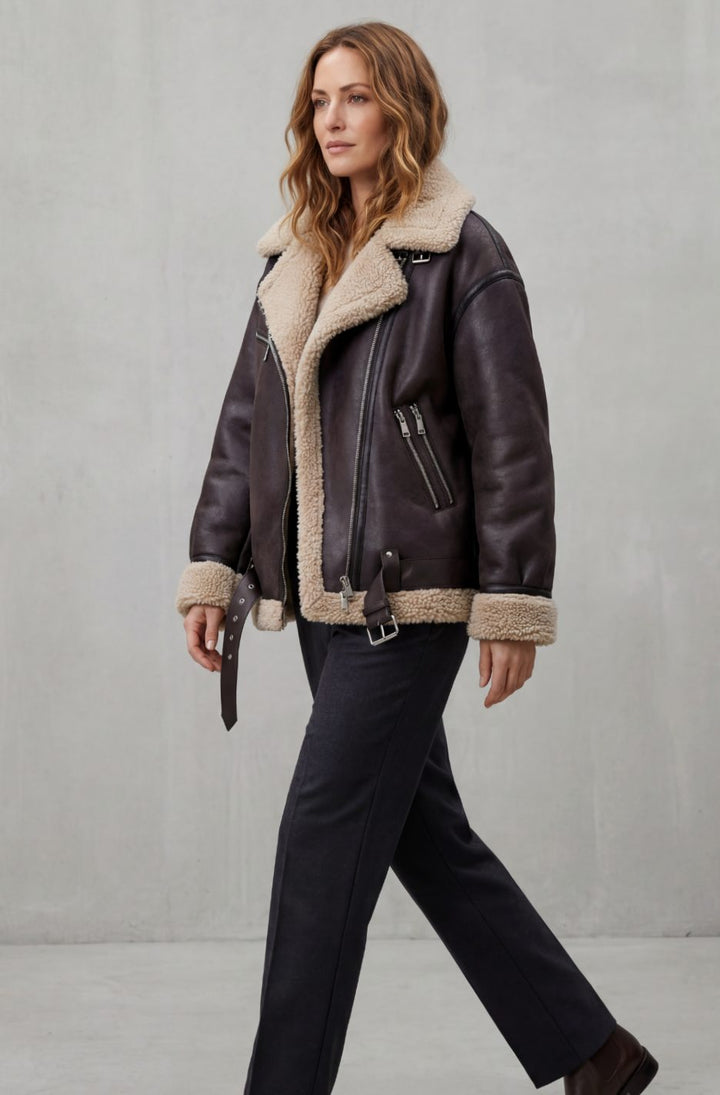Women's Faux Leather Shearling Aviator Jacket Belted Coat