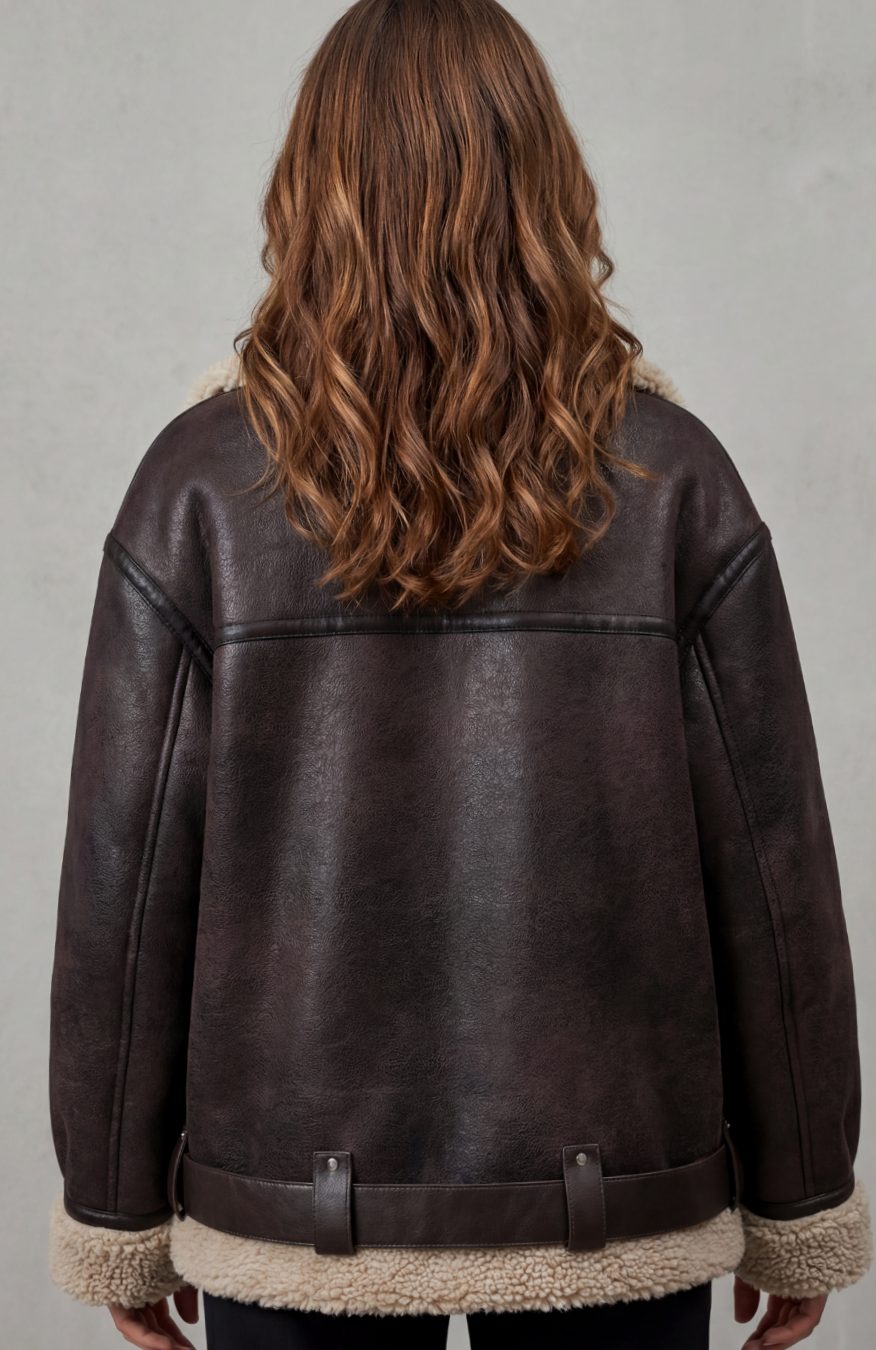 Women's Faux Leather Shearling Aviator Jacket Belted Coat