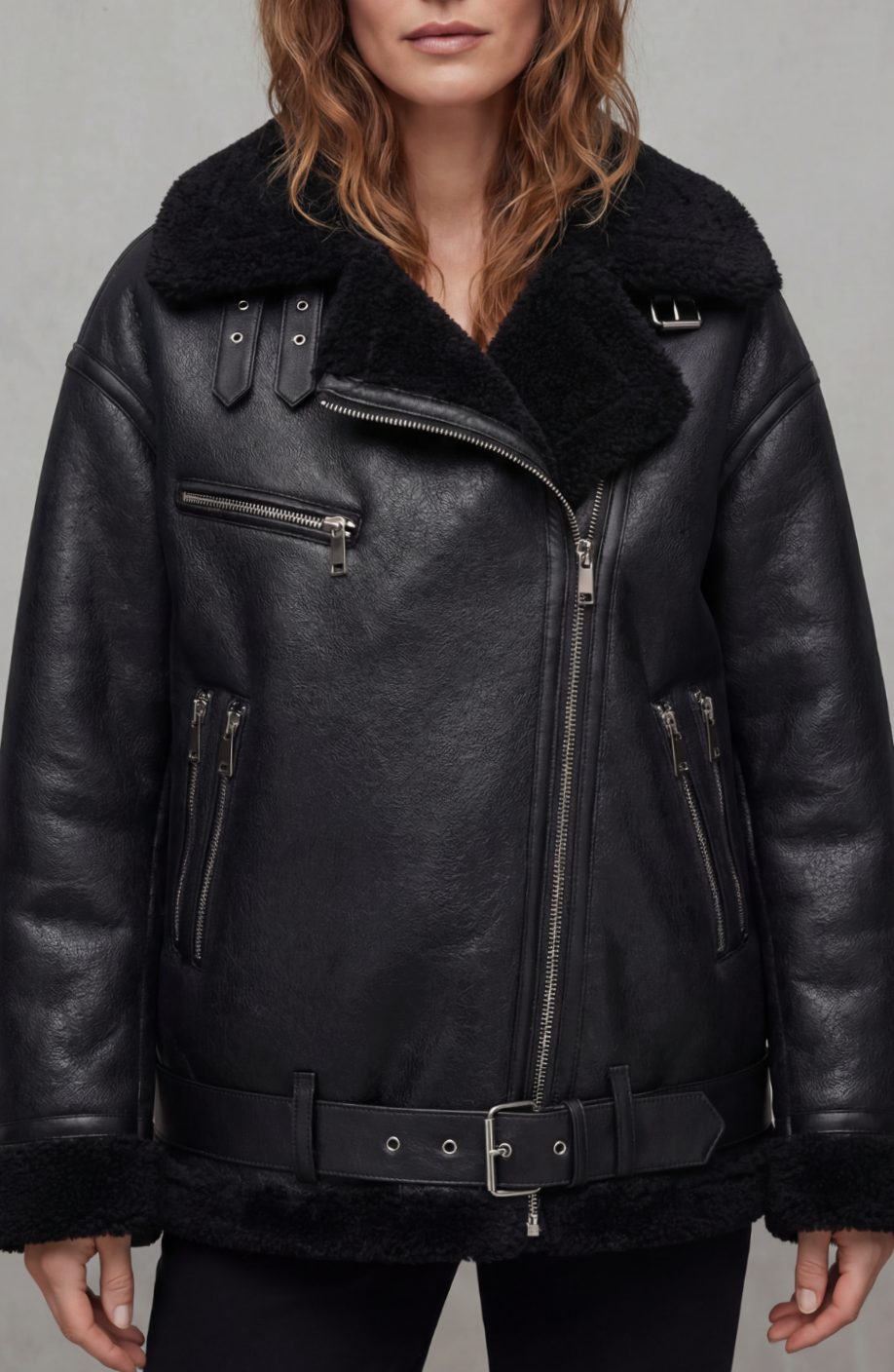 Women's Faux Leather Shearling Aviator Jacket Belted Coat - Black