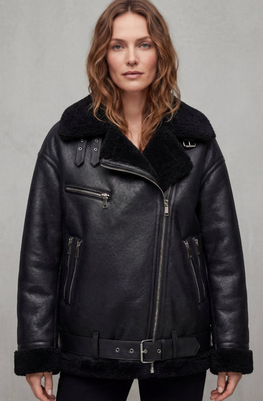 Women's Faux Leather Shearling Aviator Jacket Belted Coat