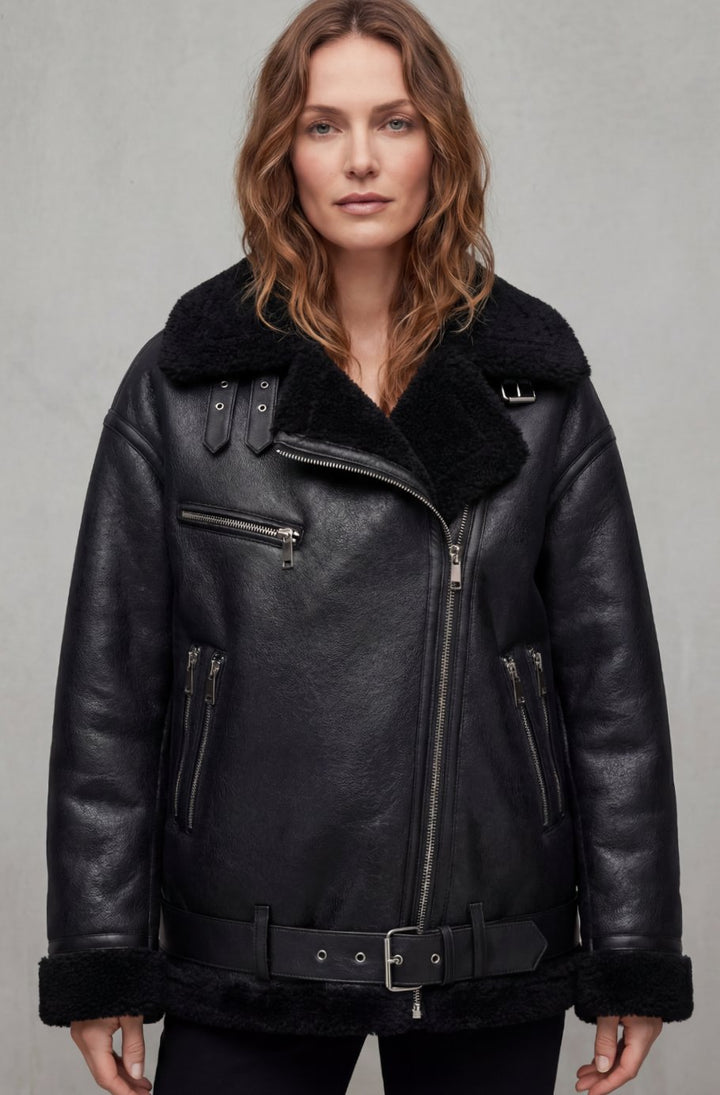 Women's Faux Leather Shearling Aviator Jacket Belted Coat