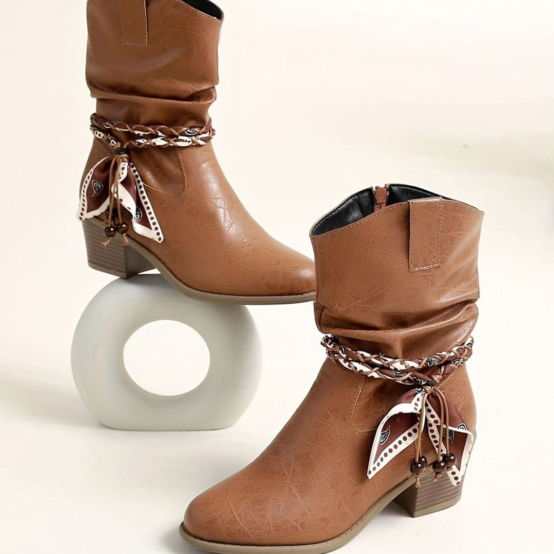 Women's Faux Leather Slouch Block-Heel Boots Braided Bandana Strap