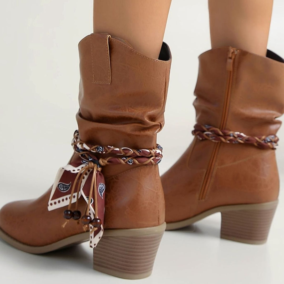 Women's Faux Leather Slouch Block-Heel Boots Braided Bandana Strap